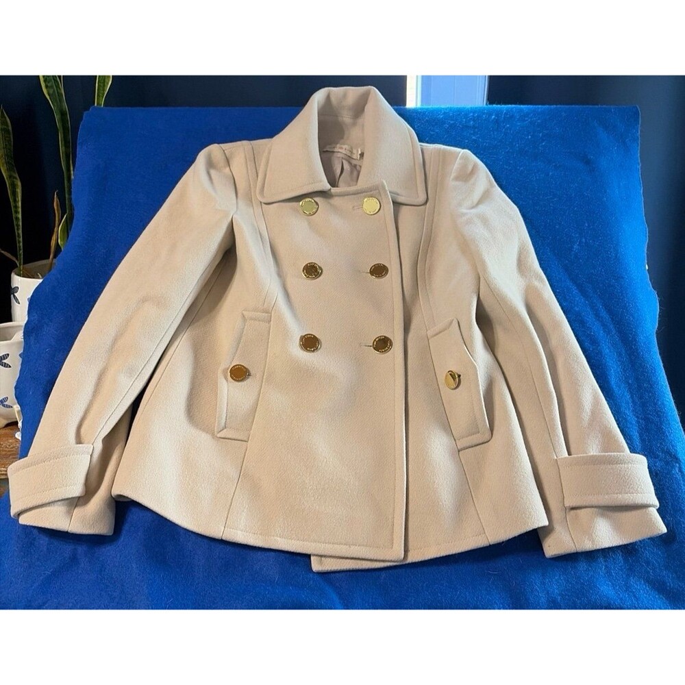 Tory Burch Ivory Cream Wool Blend Double Breasted Peacoat Gold Buttons size 4